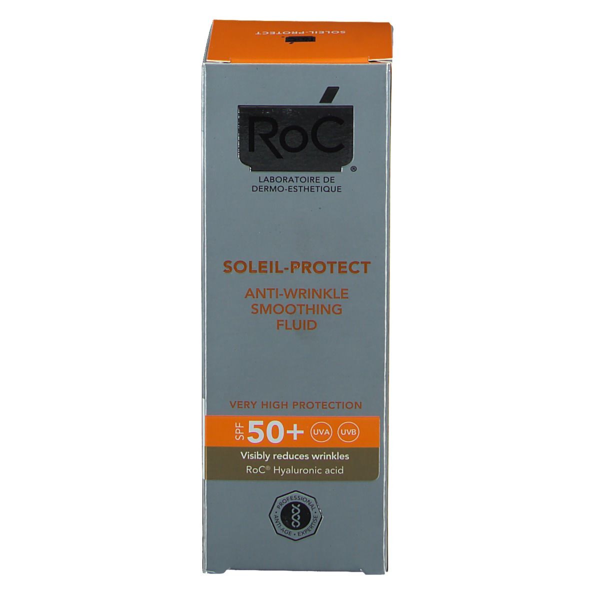 Produktverpackung. RoC SOLAIL-PROTECT. SPF 50+. Reduziert Falten. Hyaluronsäure.