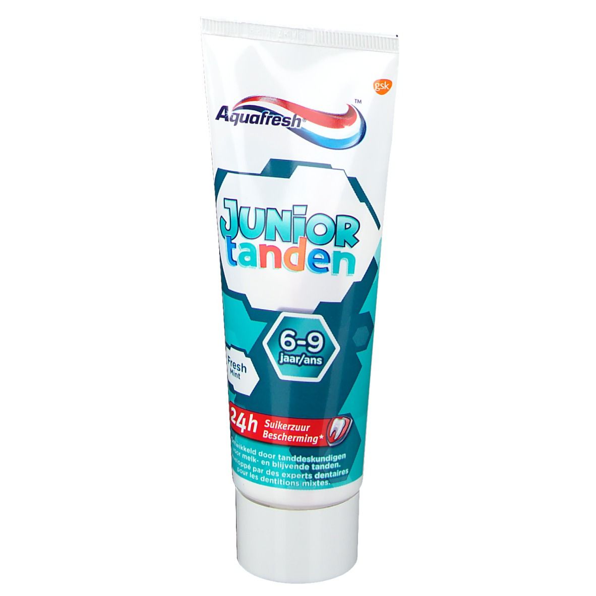 Tube de dentifrice Aquafresh Junior Tanden. Inscription : 6-9 ans, Fresh Mint, 24h bescherming.