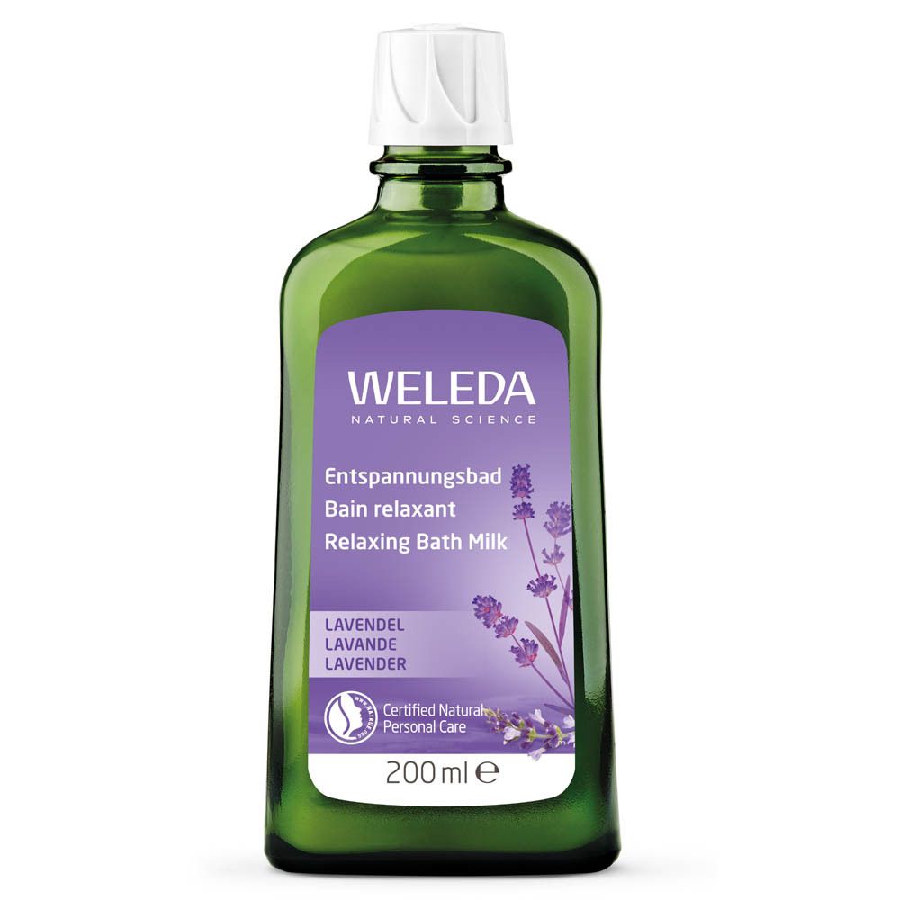 Grüne Glasflasche mit weißem Verschluss. Etikett mit Produktbezeichnung, Marke Weleda und Lavendel-Illustration. 200ml.