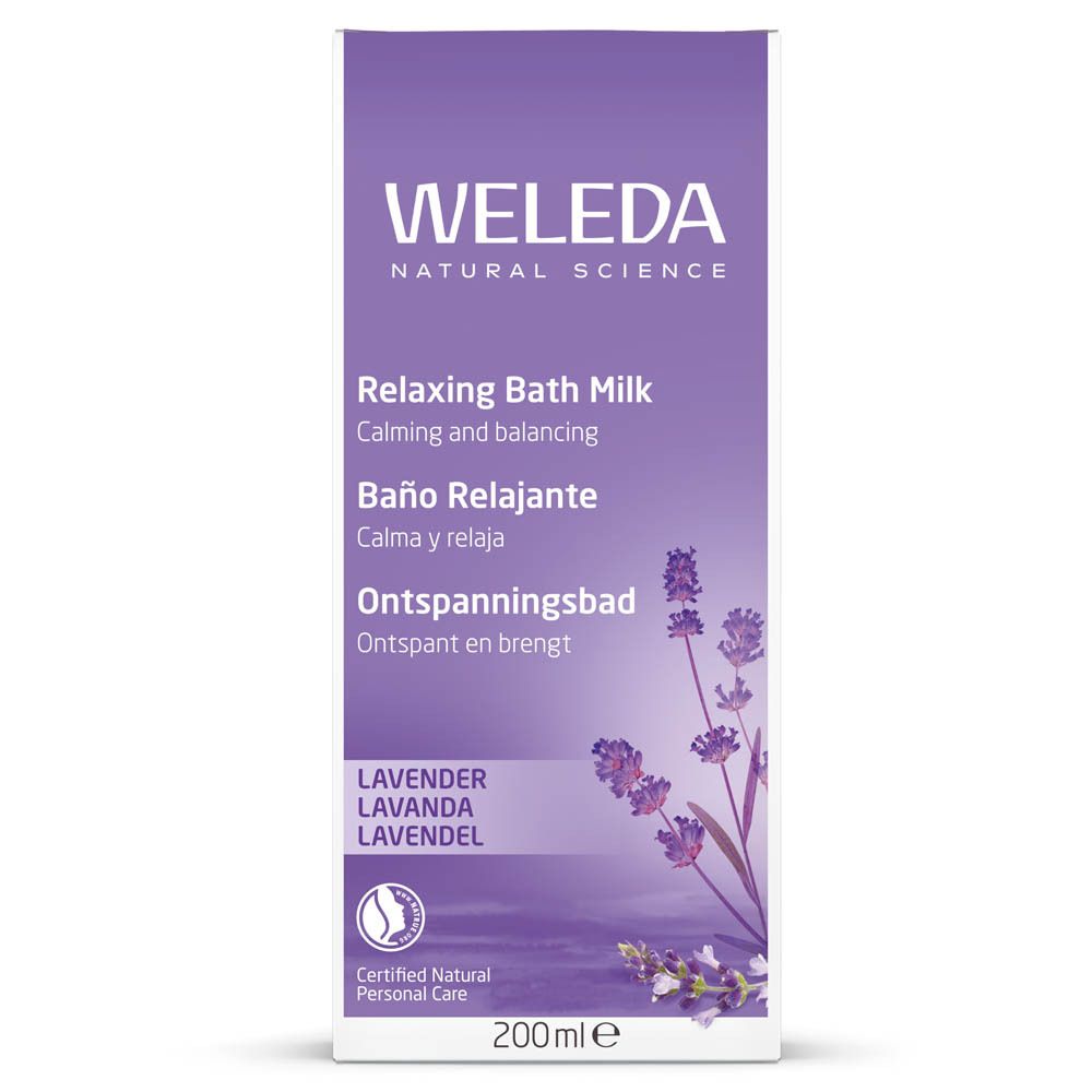 Verpackung für Weleda Entspannungsbad. Produktname, Marke, Lavendel-Illustration. 200ml. Weiß-lila Farbgebung.