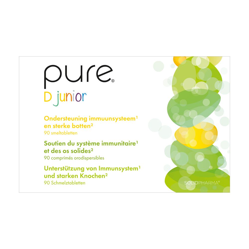 Weiße Schachtel mit "pure D junior"-Logo. Text in Deutsch, Niederländisch und Französisch. Grün-gelbes Design.