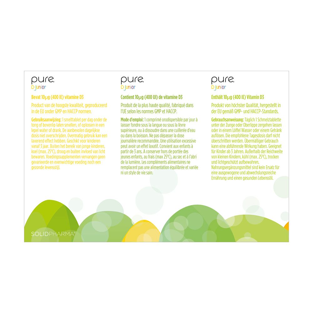 Dos de la boîte "pure D junior". Texte en allemand, français et néerlandais. Design vert et jaune.