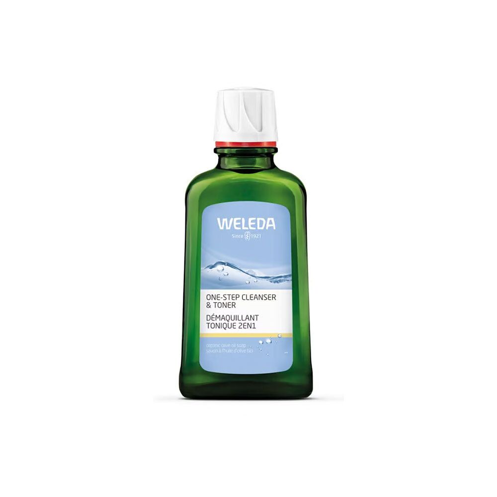 Grüne Flasche mit weißem Deckel. Aufschrift: Weleda, One-Step Cleanser & Toner, Démaquillant Tonique 2en1.