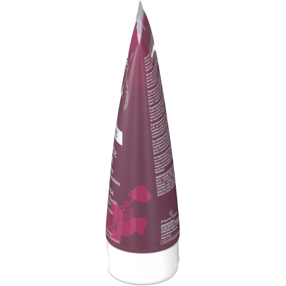Duschgel-Tube, bordeauxrot, weißer Verschluss. Text und Logo sichtbar.