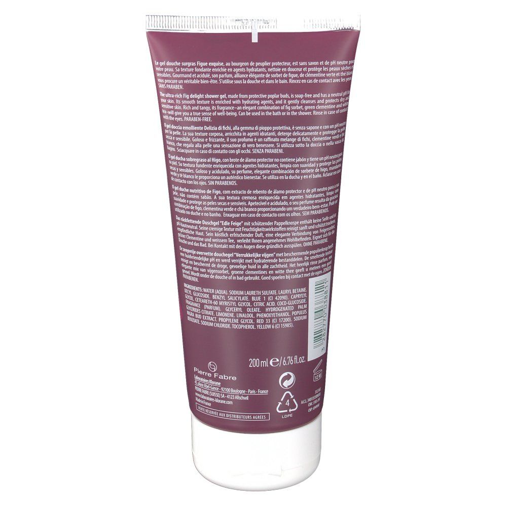 Rückseite der Duschgel-Tube. Bordeauxrot, weißer Verschluss. Text und Logo.