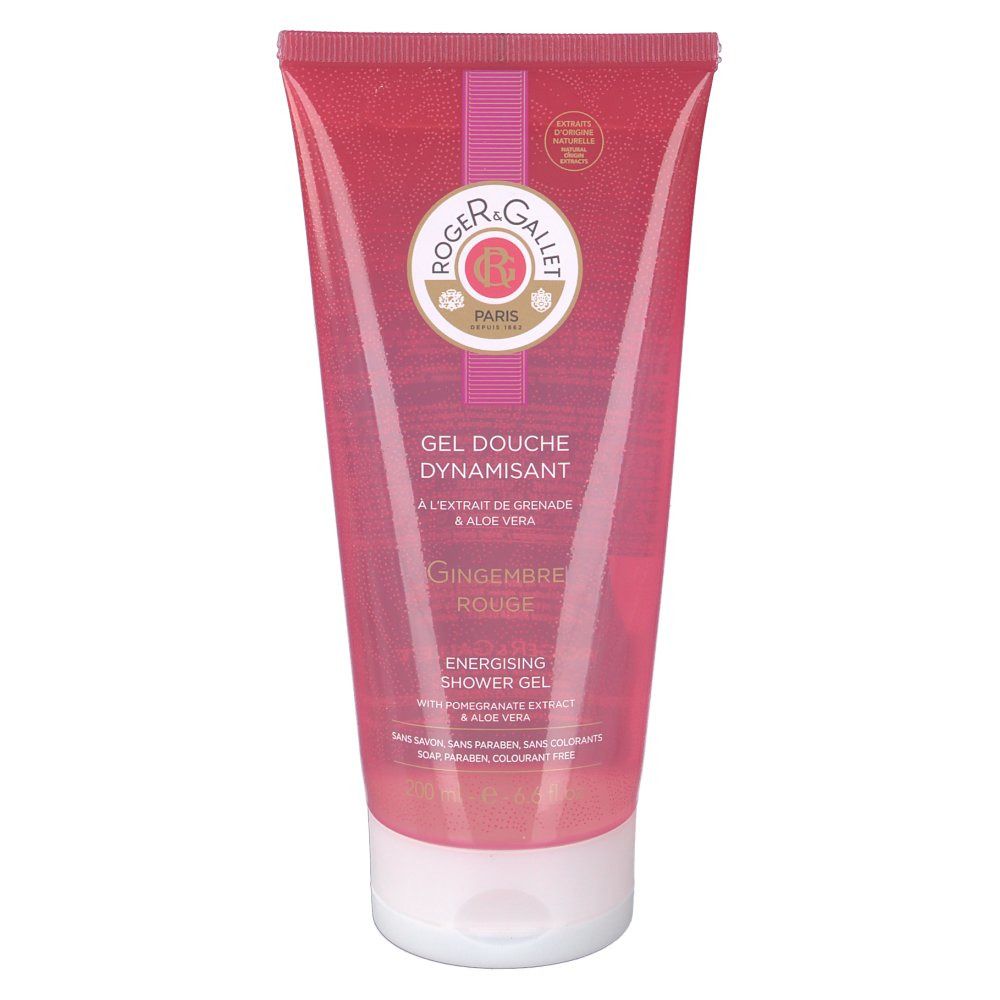 Rote Tube mit weißem Verschluss. Aufschrift: Roger & Gallet, Gel Douche Dynamisant, Gingembre Rouge.
