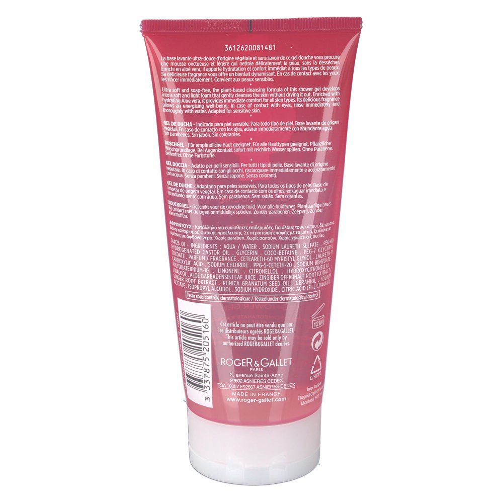 Rückseite der roten Tube. Text in mehreren Sprachen. Weißer Verschluss. Marke: Roger & Gallet.