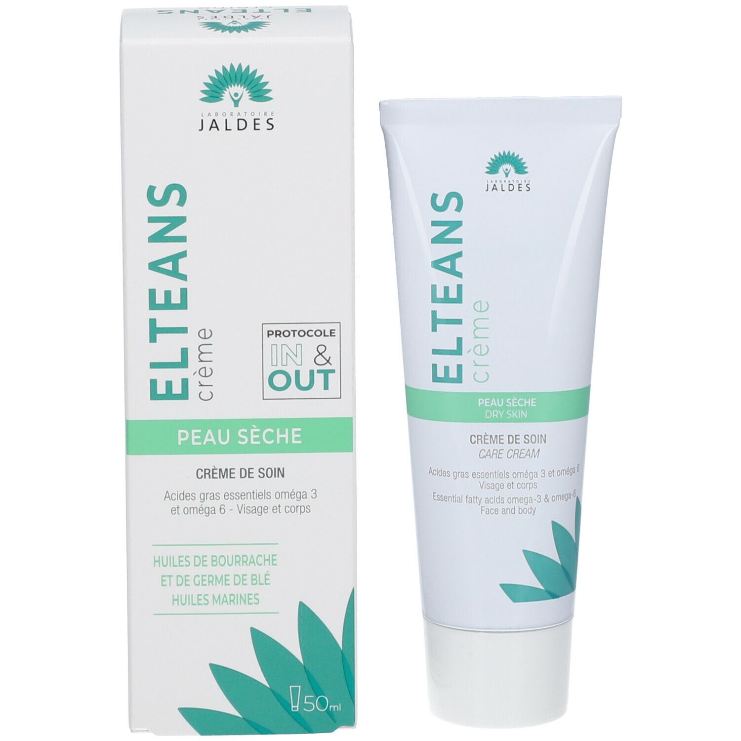 Tube et boîte de crème ELTEANS. Texte: ELTEANS crème, Peau sèche, Crème de soin. Logo Jaldes. Boîte: 50ml.