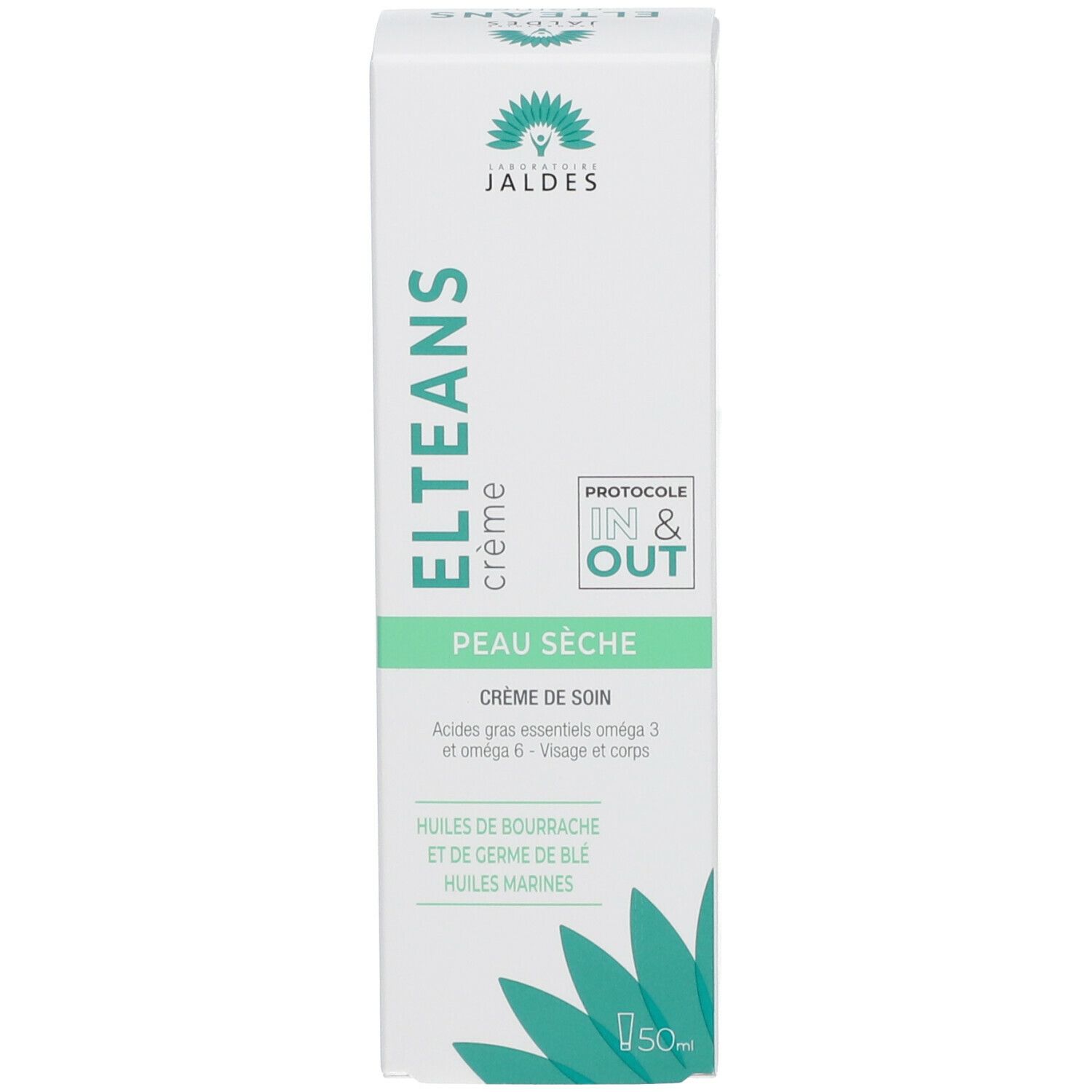Boîte de crème ELTEANS. Texte: ELTEANS crème, Peau sèche, Crème de soin. Logo Jaldes. Volume: 50ml.