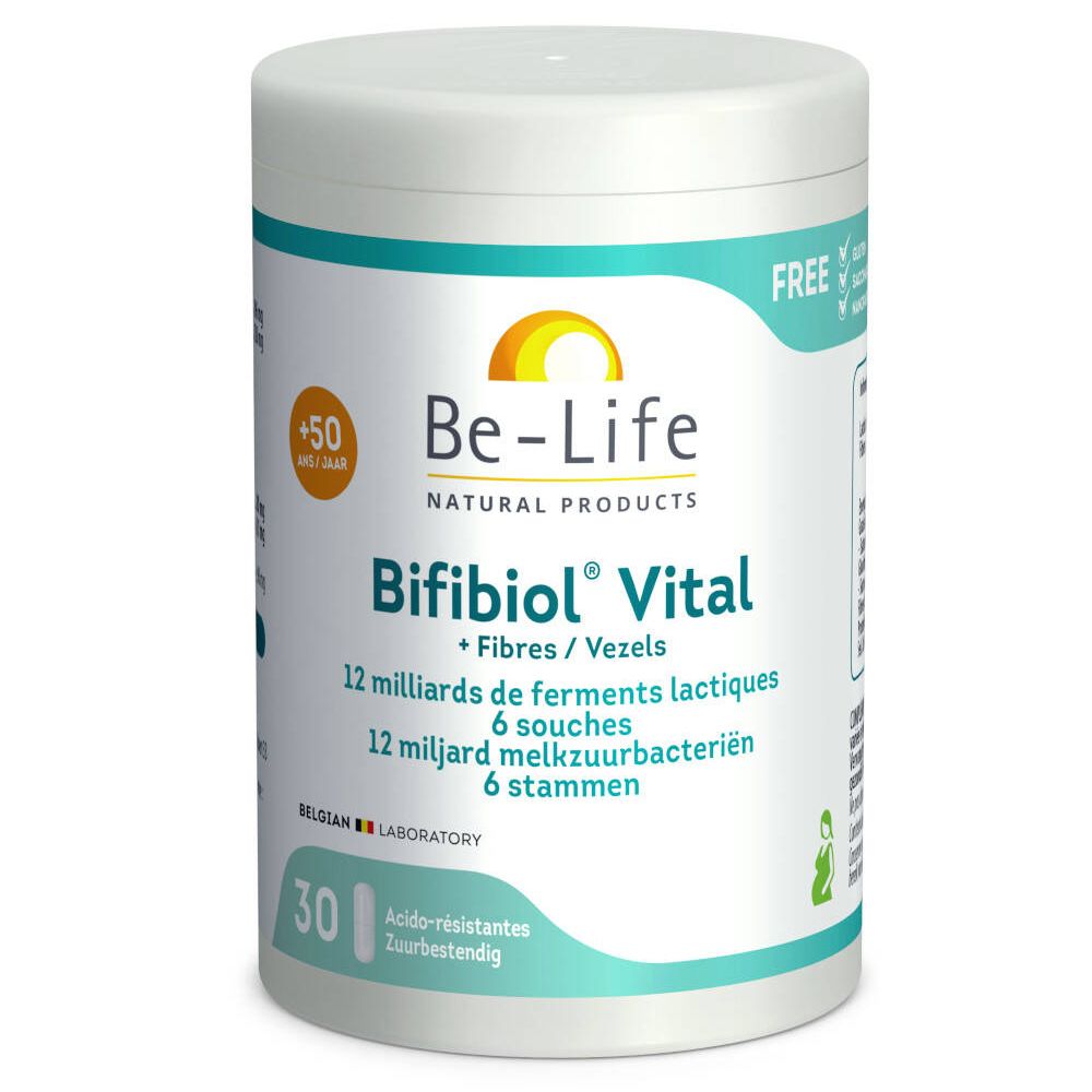 Be-Life Bifibiol Vital. Boîte blanche avec texte et logo. Contient 30 gélules. Texte en français, néerlandais et anglais.