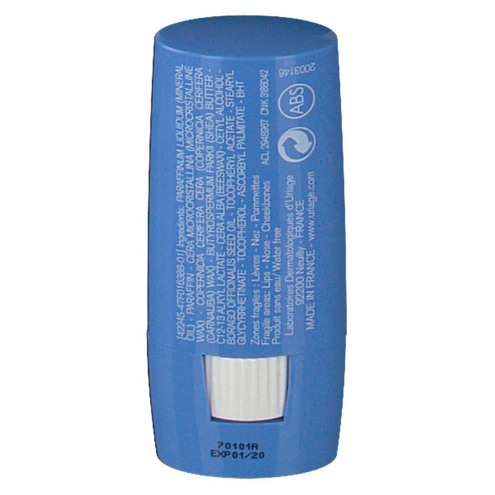 Dos du stick bleu. Contient ingrédients, logos et texte. Applicateur blanc en bas.