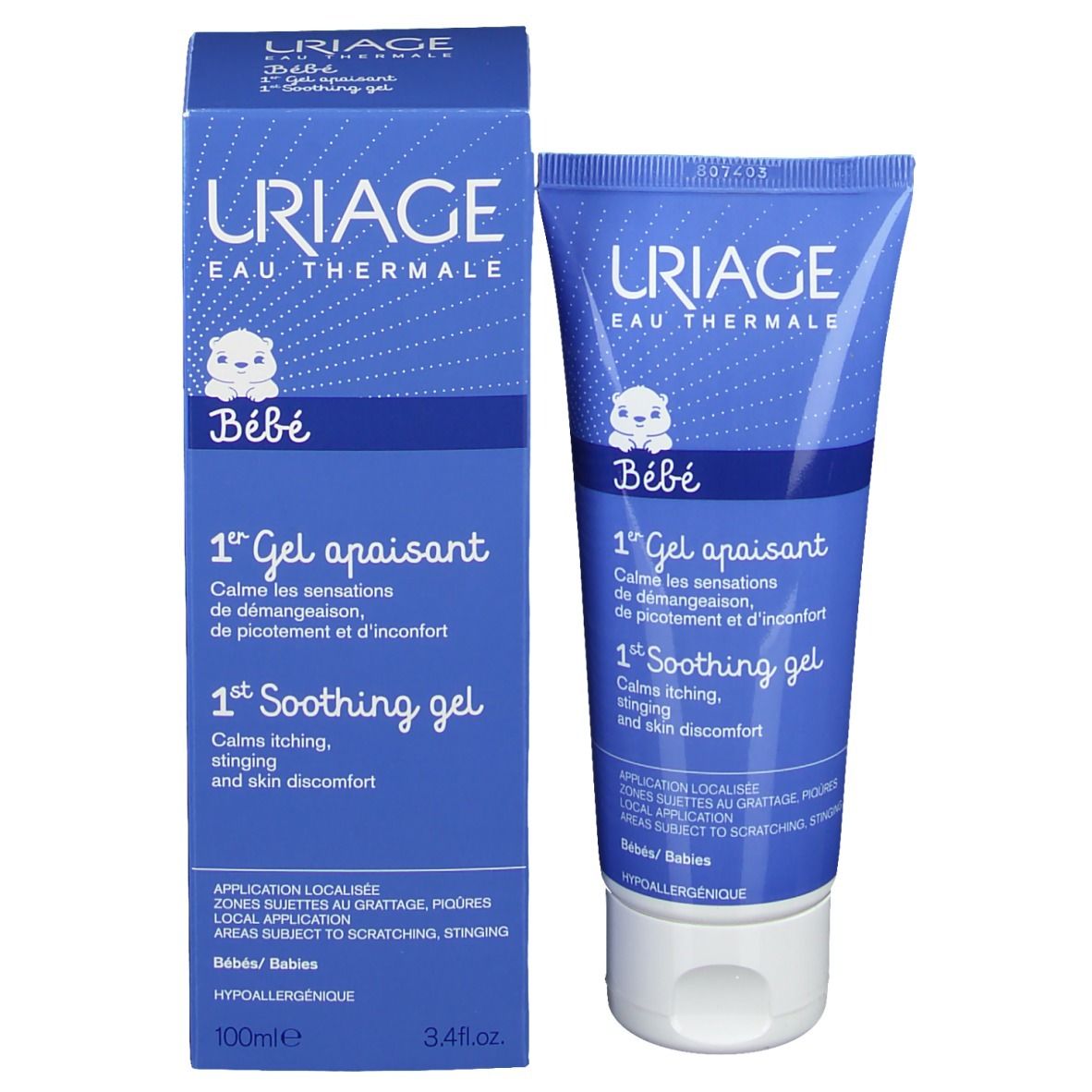 Produktverpackung: Blaue Schachtel und Tube. Aufschrift: Uriage Bébé, 1er Gel apaisant. Baby-Symbol.