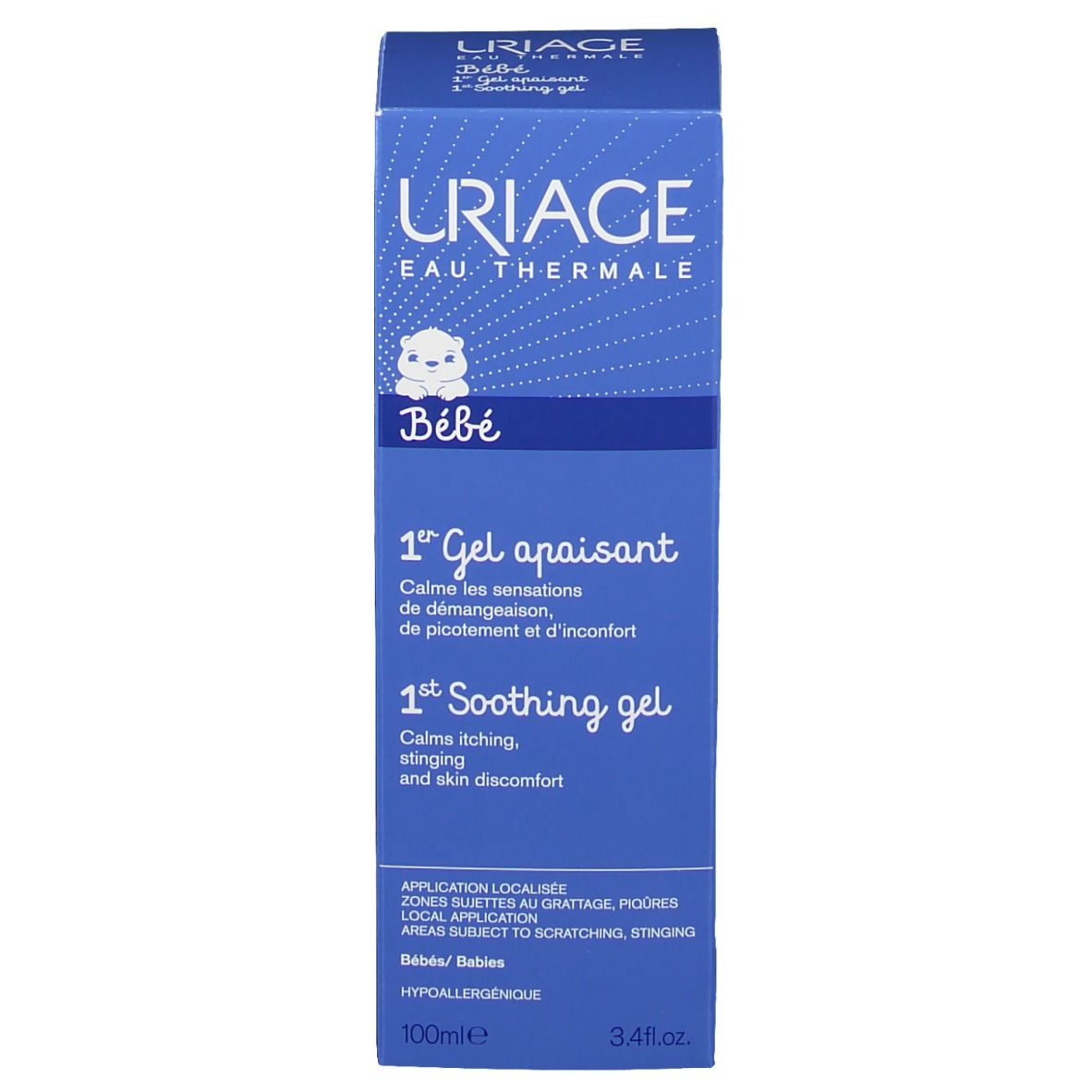 Blaue Schachtel. Aufschrift: Uriage Bébé, 1er Gel apaisant. Enthält ein Baby-Symbol. 100ml.