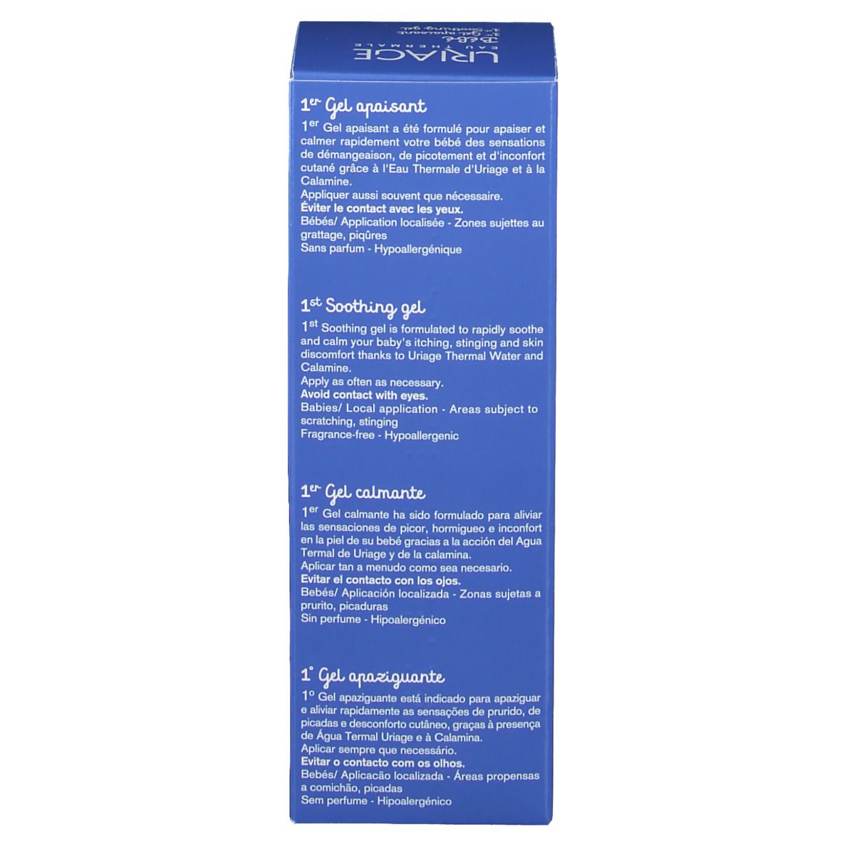 Blaue Schachtel, Seite mit Produktinformationen in verschiedenen Sprachen. Enthält Text.