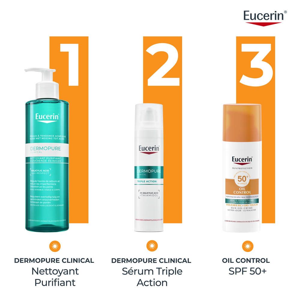 Nettoyant Eucerin Dermopure, Sérum et Sun Protection Oil Control LSF 50+.