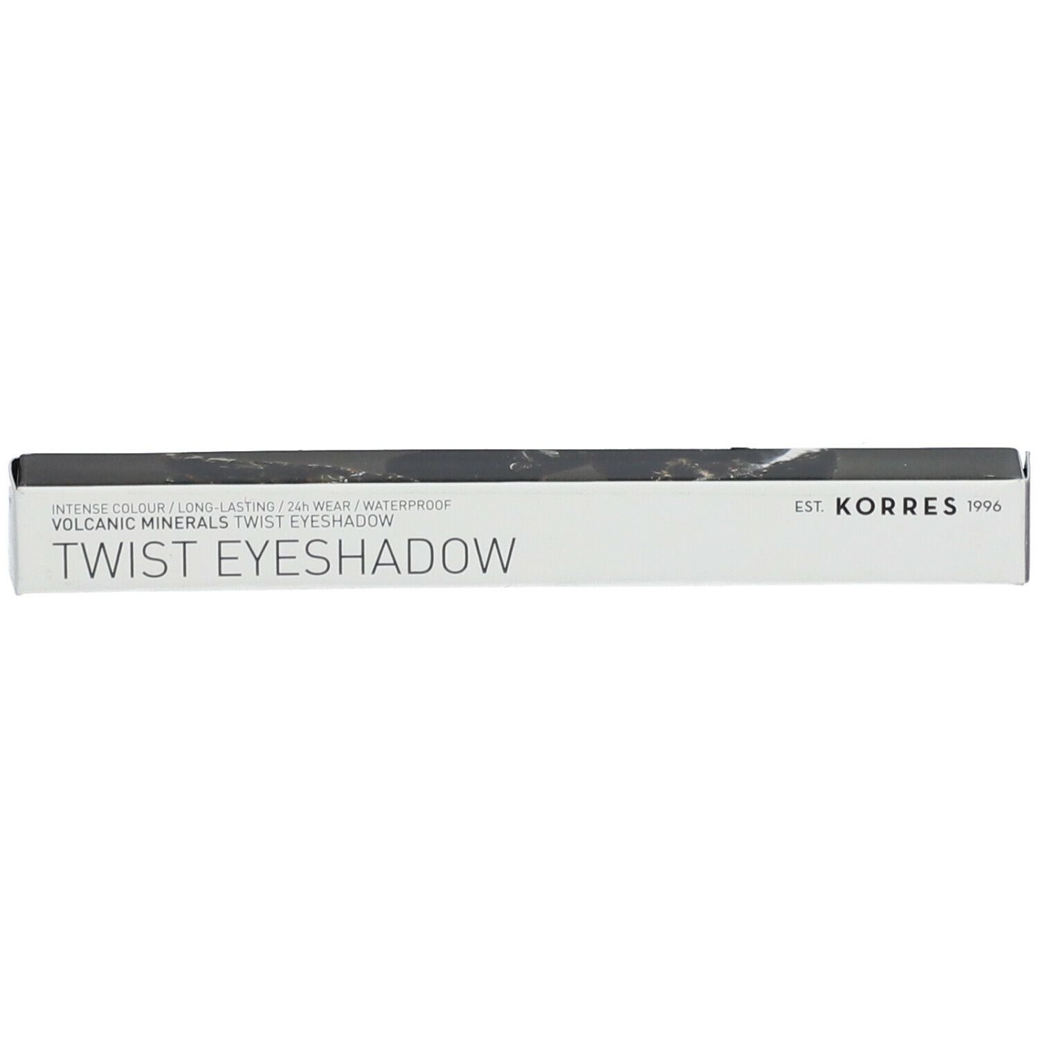 Emballage KORRES Eyeshadow Twist. Blanc avec texte noir. Nom du produit et marque visibles.