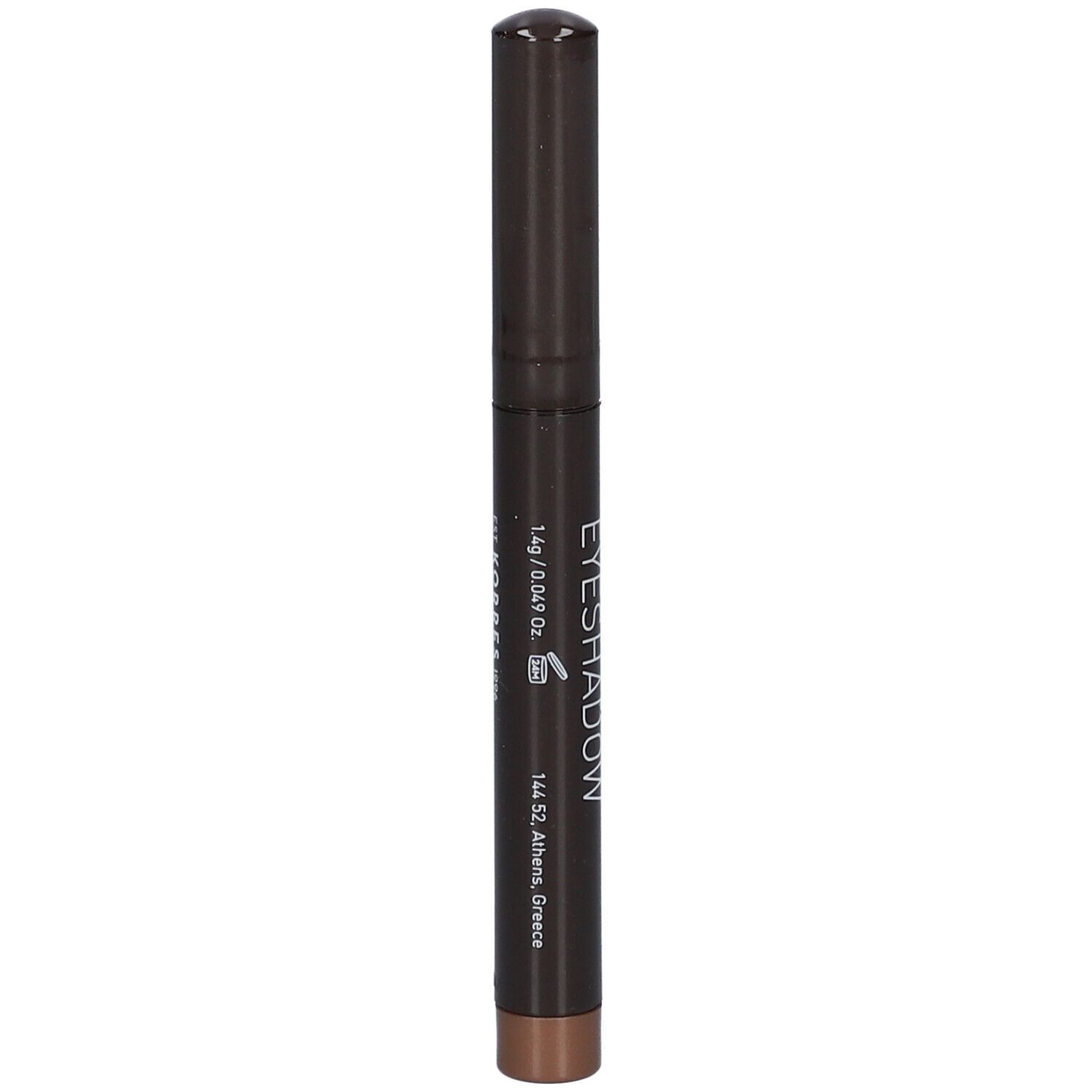 Brauner Lidschattenstift. Aufschrift: Eyeshadow, 1.4g / 0.049 Oz, 144.52 Athens, Greece.