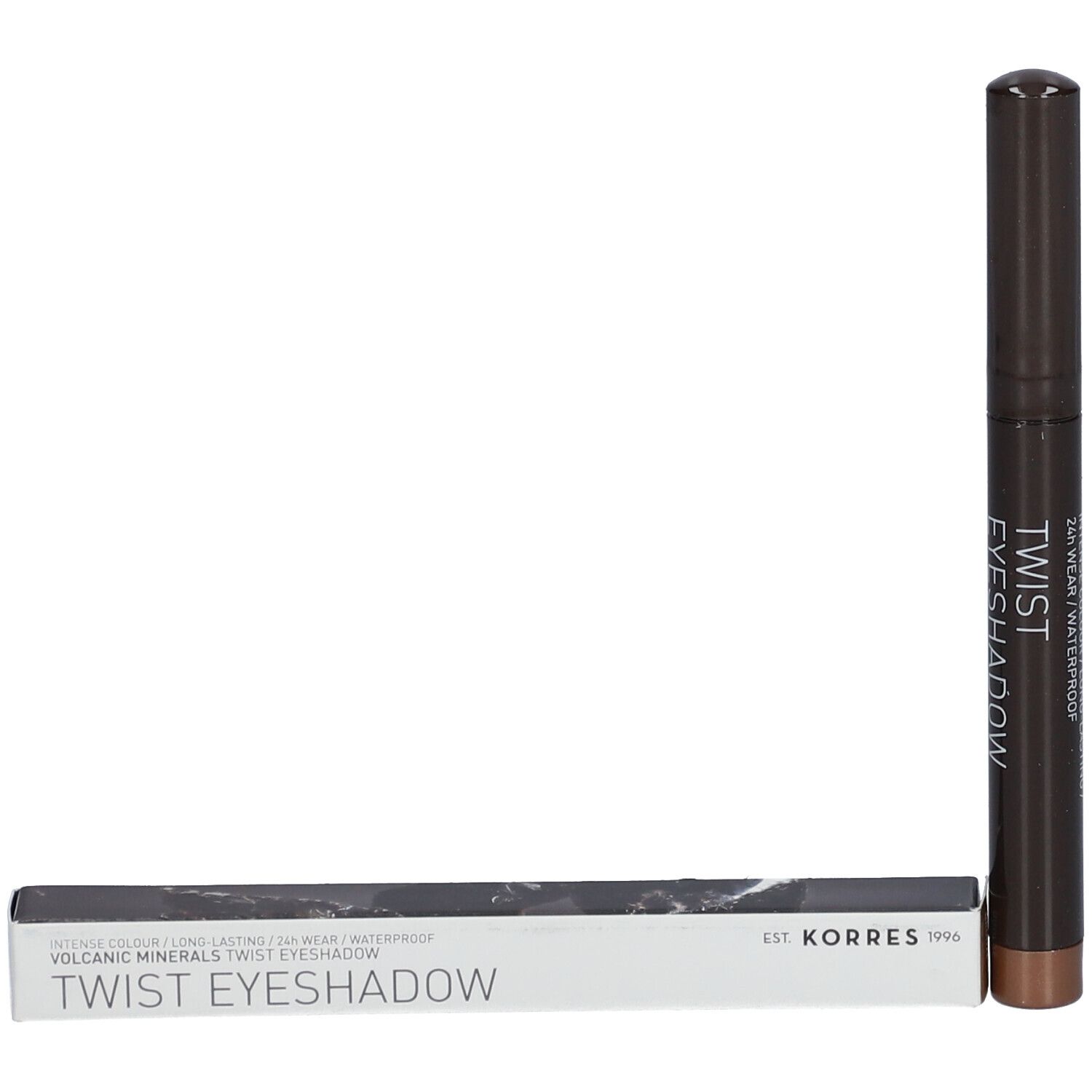 Brauner Lidschattenstift und Verpackung. Aufschrift: Twist Eyeshadow, KORRES 1996.