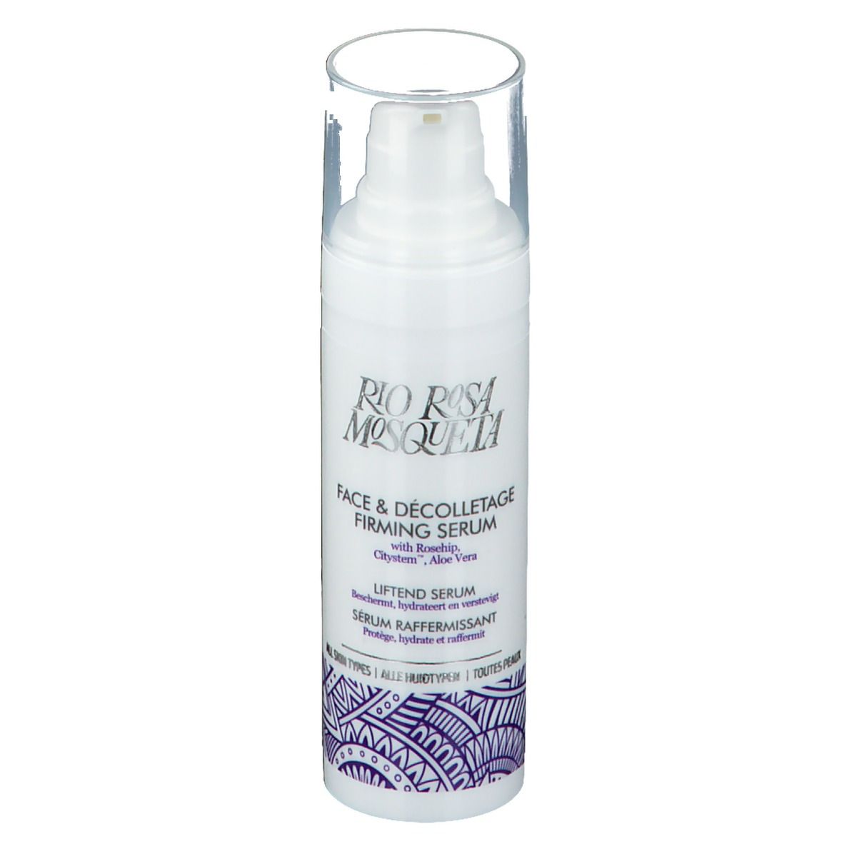 Weiße Flasche mit Pumpe und durchsichtigem Deckel. Aufschrift: Rio Rosa Mosqueta, Face & Décolletage Firming Serum.