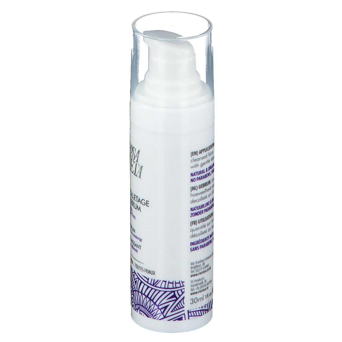 Rückseite einer weißen Flasche mit Pumpe. Text in mehreren Sprachen: Anwendung, Inhaltsstoffe, Zertifizierung.