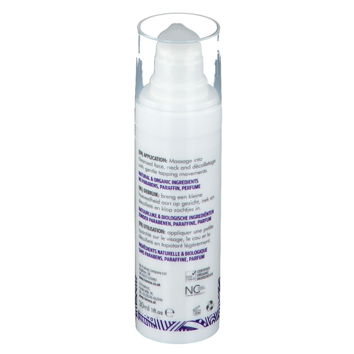 Rückseite einer weißen Flasche mit Pumpe. Text in mehreren Sprachen: Anwendung, Inhaltsstoffe, Zertifizierung.