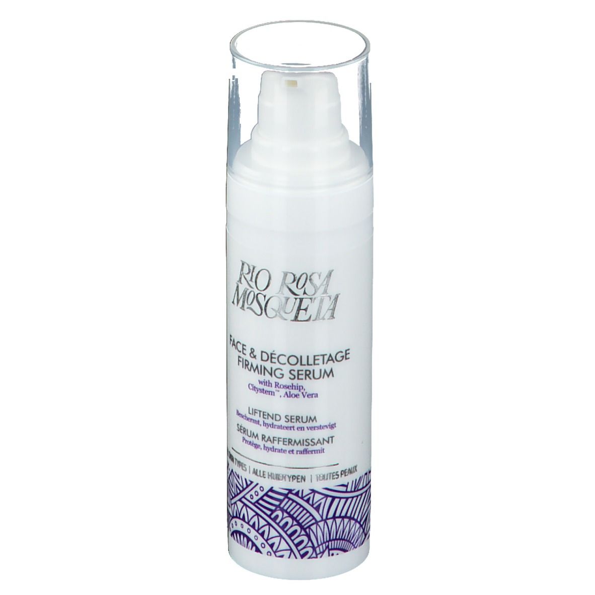 Weiße Flasche mit Pumpe und durchsichtigem Deckel. Aufschrift: Rio Rosa Mosqueta, Face & Décolletage Firming Serum.