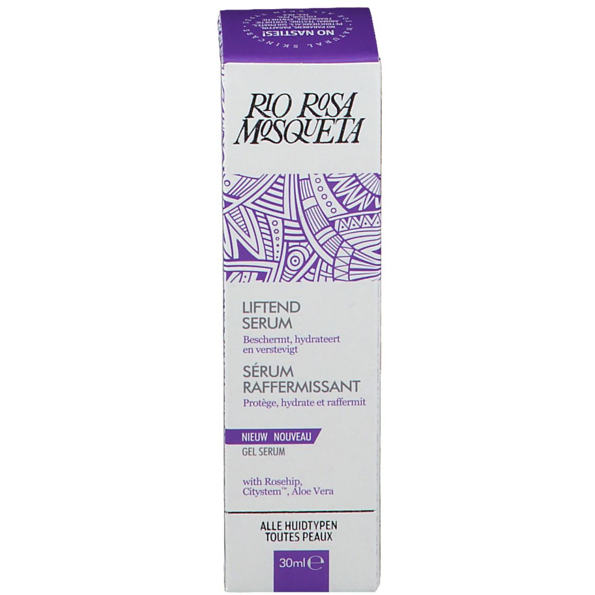 Hohe, rechteckige Produktverpackung. Weiß, lila, Text. Aufschrift: Rio Rosa Mosqueta, Liftend Serum, 30ml.