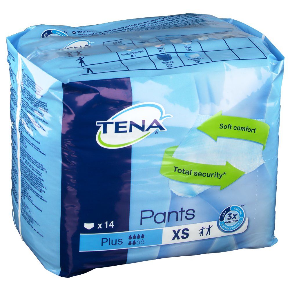 Verpackung TENA Pants Plus XS. Blaue Folie mit Produktbezeichnung, Logo und Piktogrammen. 14 Stück.