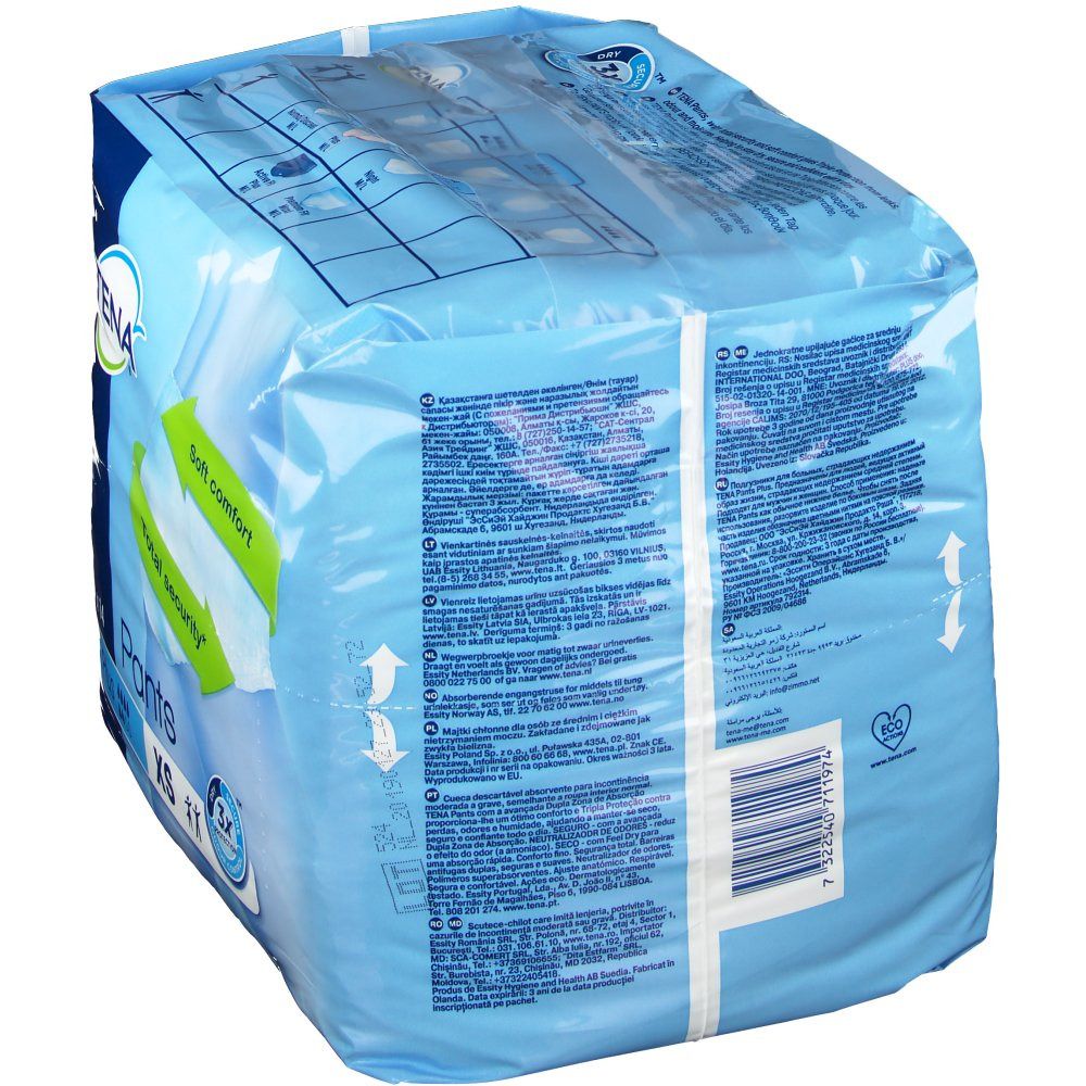 Rückseite der TENA Pants Plus XS Verpackung. Blaue Folie mit Produktinformationen und Barcode.