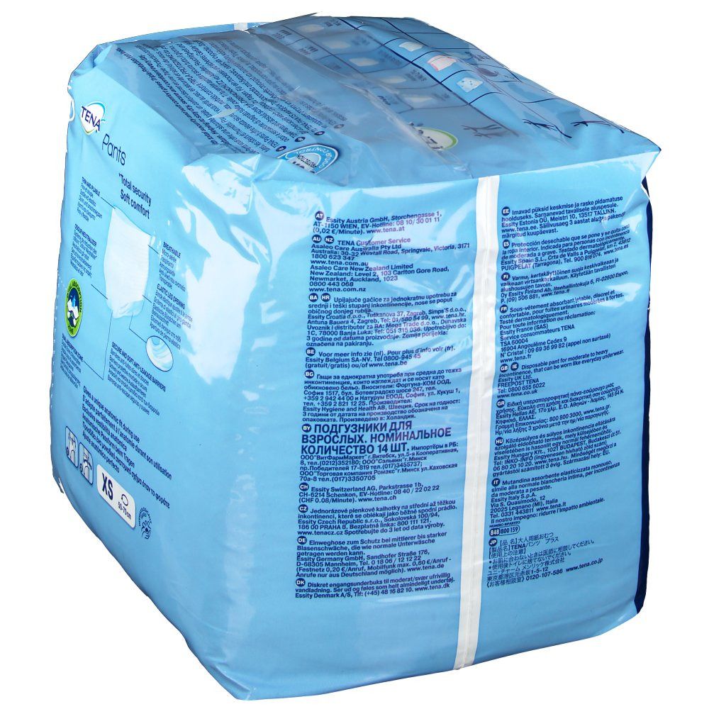 Rückansicht der TENA Pants Plus XS Verpackung. Blaue Folie mit Produktinformationen und Text.