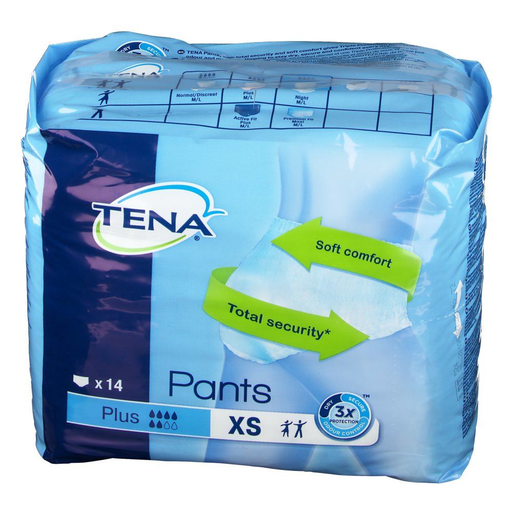Verpackung TENA Pants Plus XS. Blaue Folie mit Produktbezeichnung, Logo und Piktogrammen. 14 Stück.