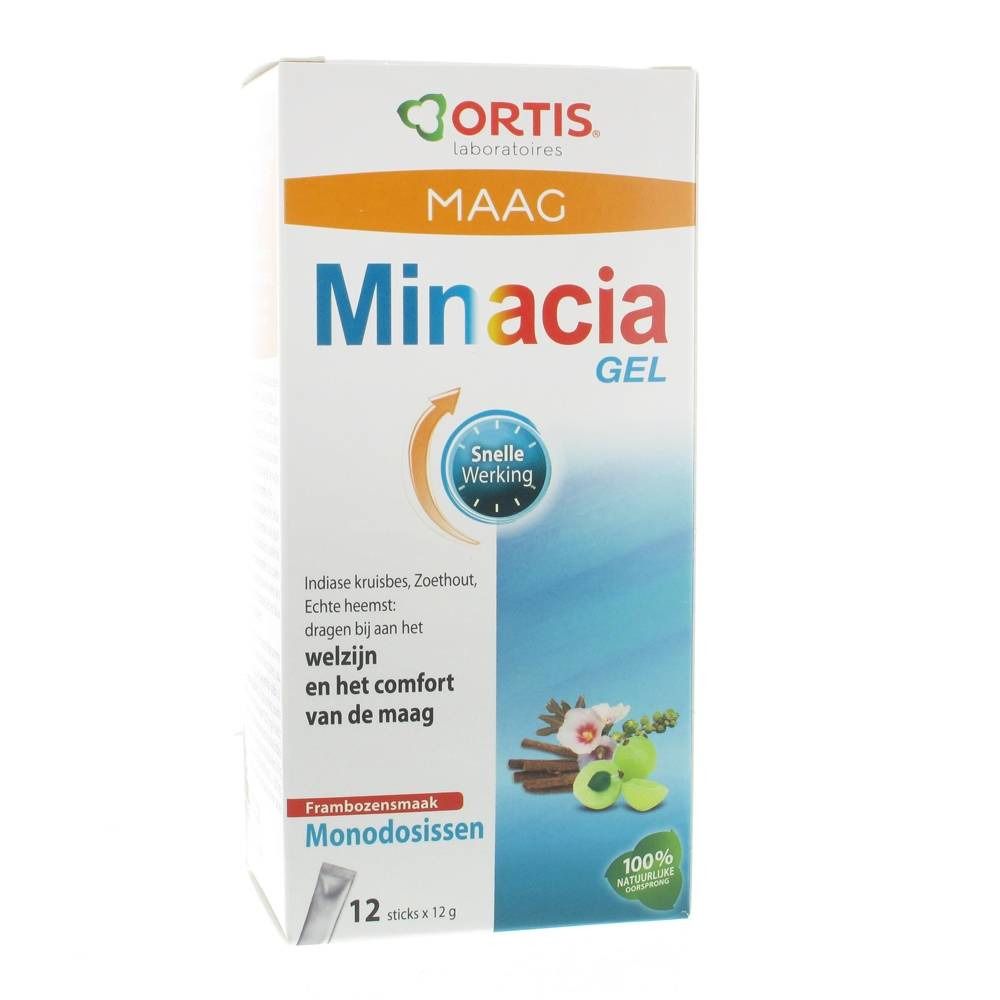 Boîte 'Minacia Gel' avec logo 'Ortis Laboratoires'. Contient 12 sticks. Saveur framboise. Texte en néerlandais.