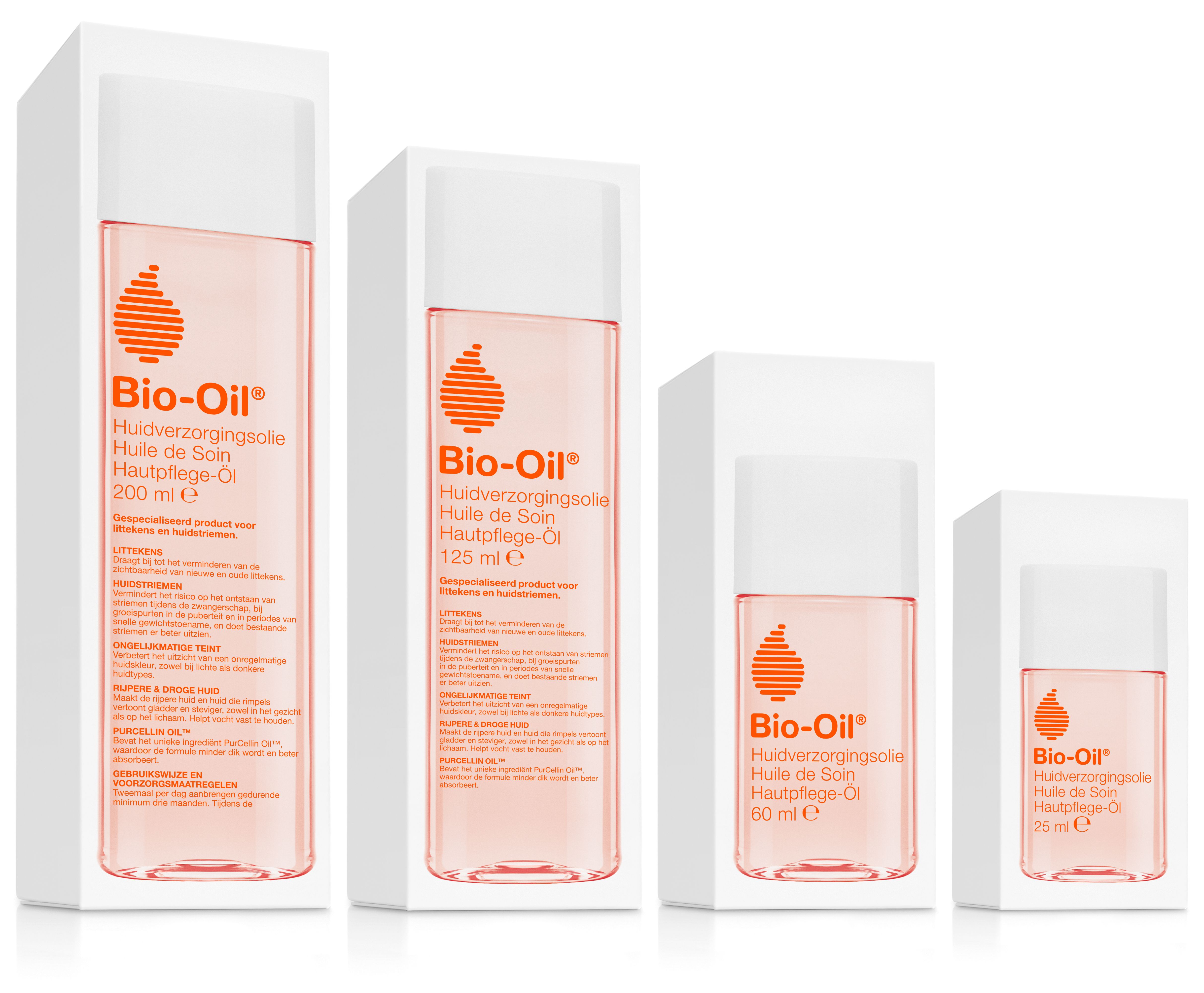 Vier Bio-Oil Flaschen in weißen Verpackungen. Rosa Flüssigkeit, weißer Deckel. Aufschrift: Bio-Oil Huile de Soin.