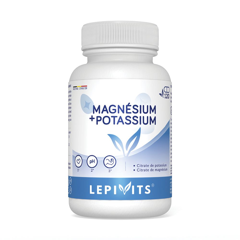 Flacon blanc avec inscription "Magnésium + Potassium". Logo "LEPIVITS" en bas. 120 gélules.