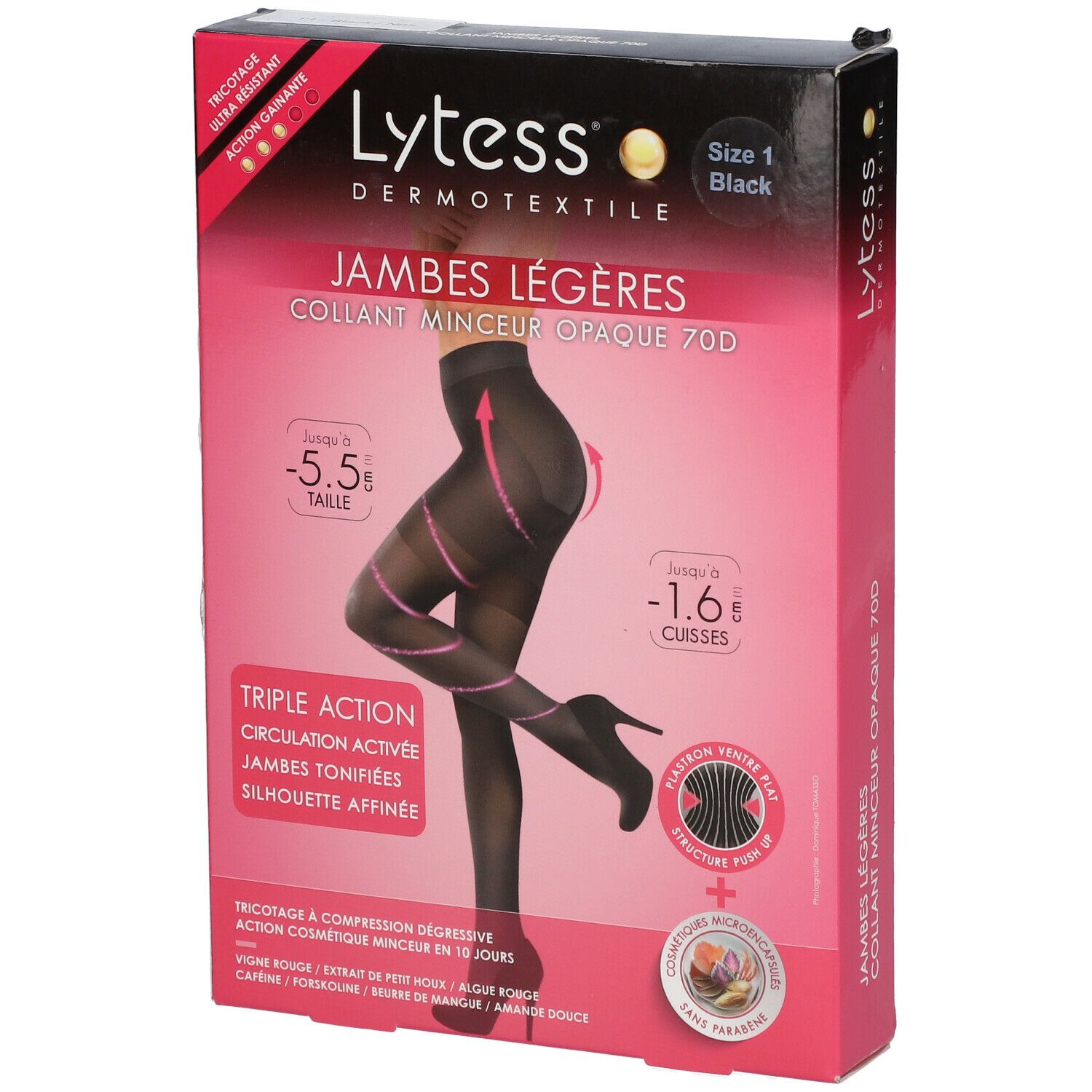Collant noir Lytess en boîte. Taille 1, Jambes Légères, Collant Minceur Opaque 70D. Triple action, circulation activée.