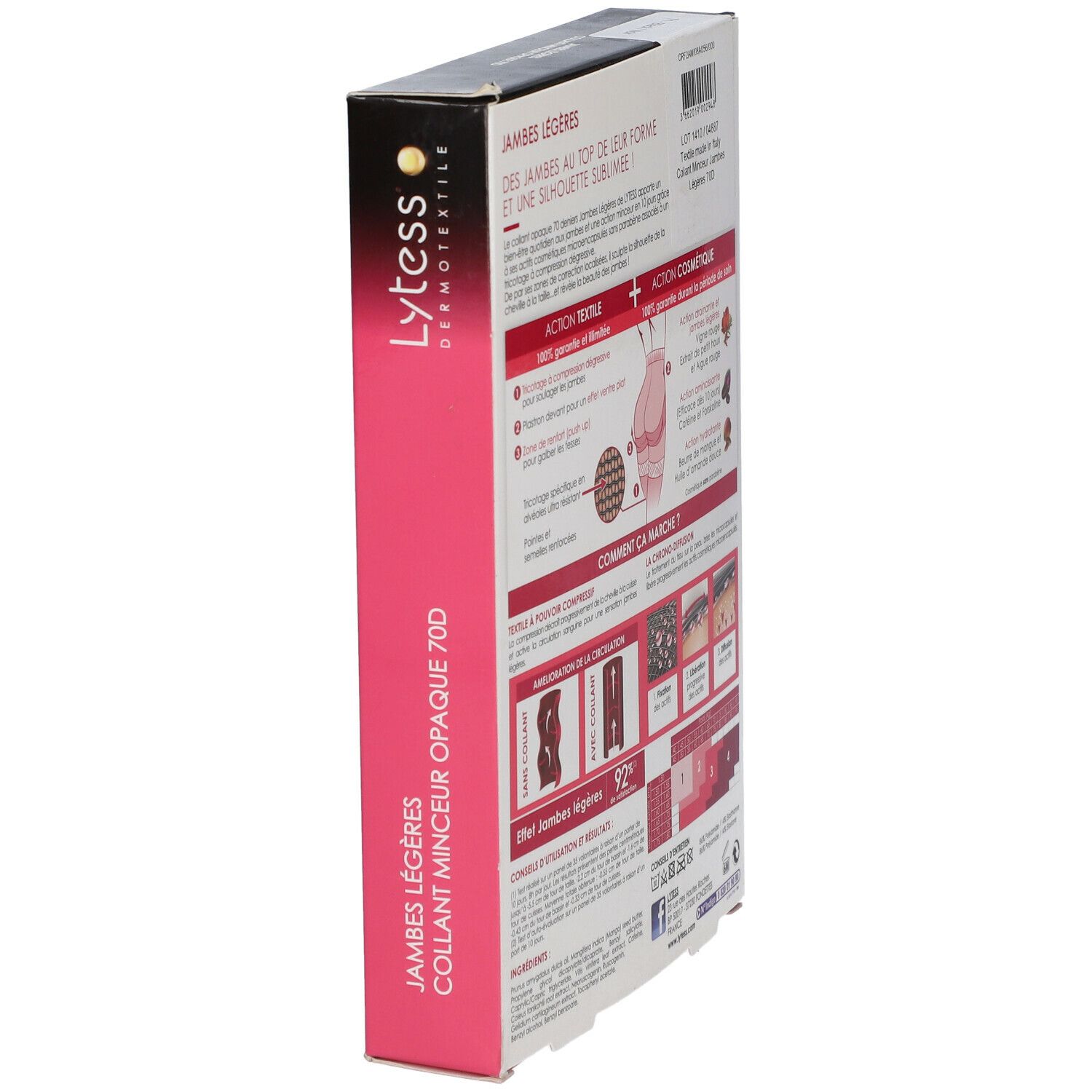Boîte de collant Lytess. Arrière avec informations produit. Jambes Légères, Collant Minceur Opaque 70D.