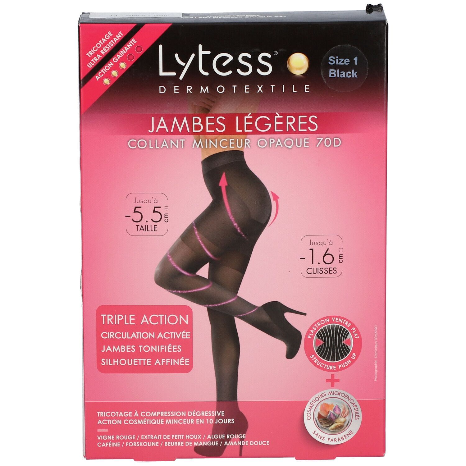 Collant noir Lytess en boîte. Taille 1, Jambes Légères, Collant Minceur Opaque 70D. Triple action, circulation activée.