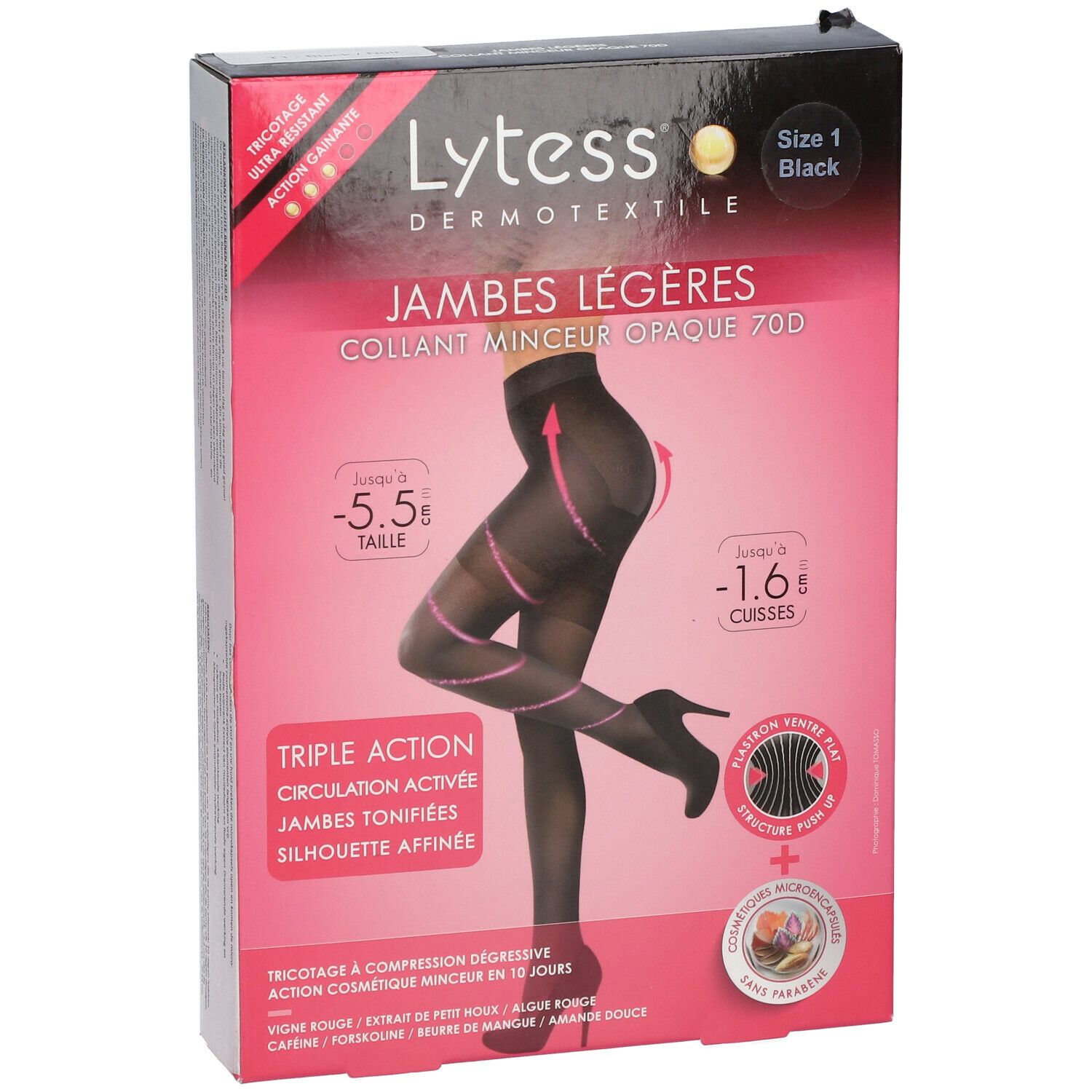 Collant noir Lytess en boîte. Taille 1, Jambes Légères, Collant Minceur Opaque 70D. Triple action, circulation activée.
