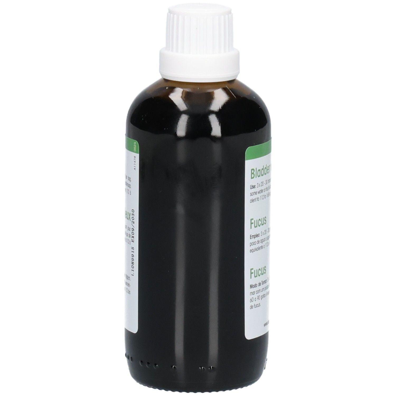 Braune Glasflasche mit weißem Deckel. Etikett mit Produktinformationen. Enthält Flüssigkeit.