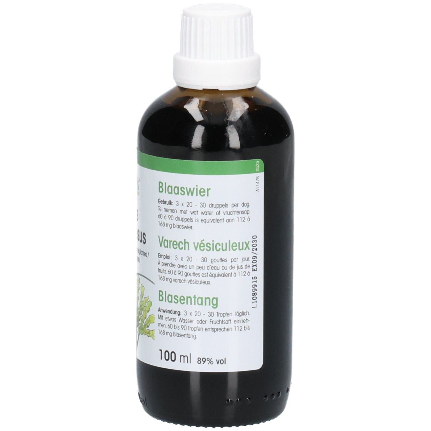 Braune Glasflasche mit weißem Deckel. Etikett mit Produktnamen, Logo und Dosierungshinweisen. Enthält Flüssigkeit.