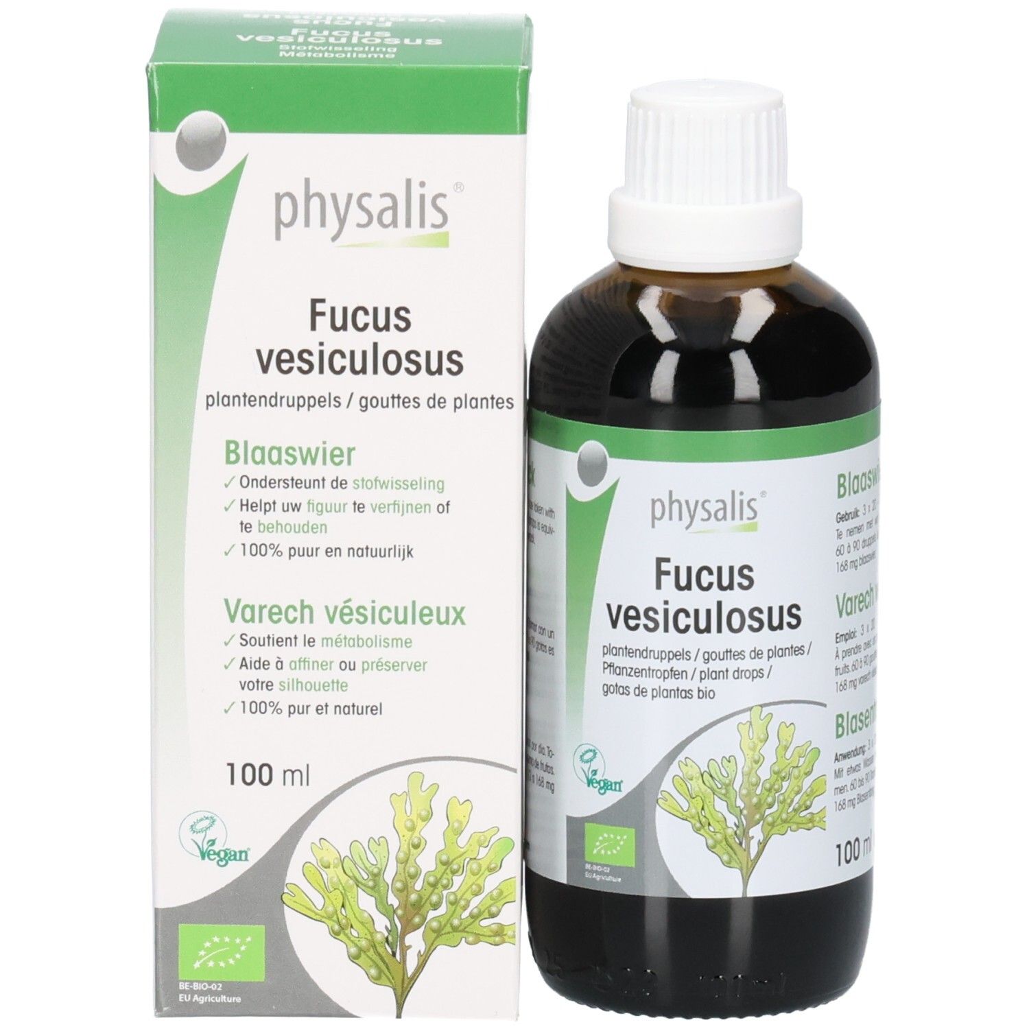 Produktflasche und Verpackung. Flasche mit weißem Deckel, Verpackung grün-weiß. Produktname und Logo sichtbar.