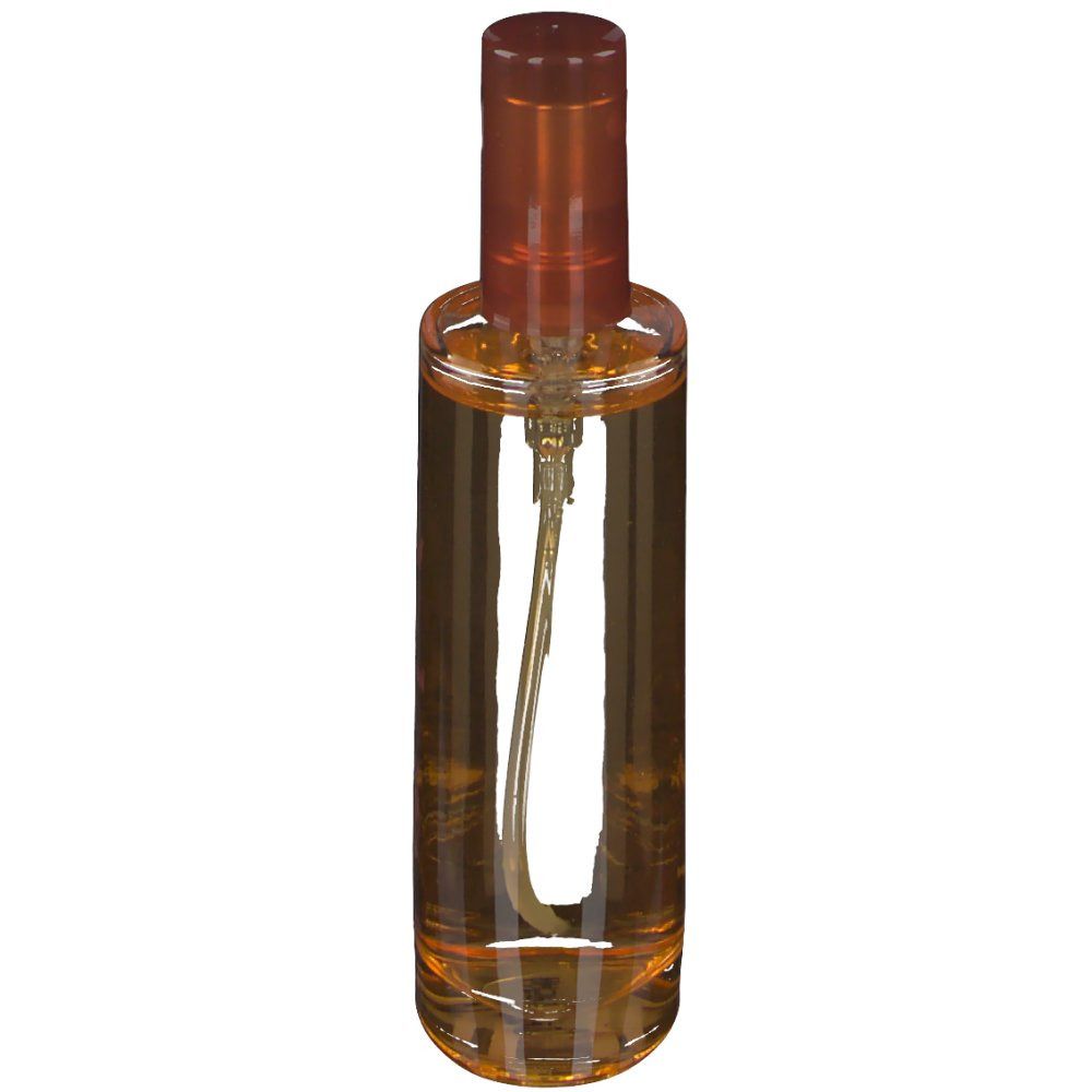 Flacon cylindrique en verre avec bouchon marron et vaporisateur. Contient un liquide jaunâtre.