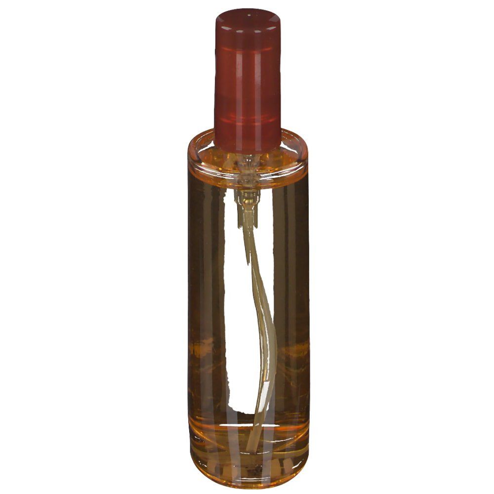 Flacon cylindrique en verre avec bouchon marron et vaporisateur. Contient un liquide jaunâtre.