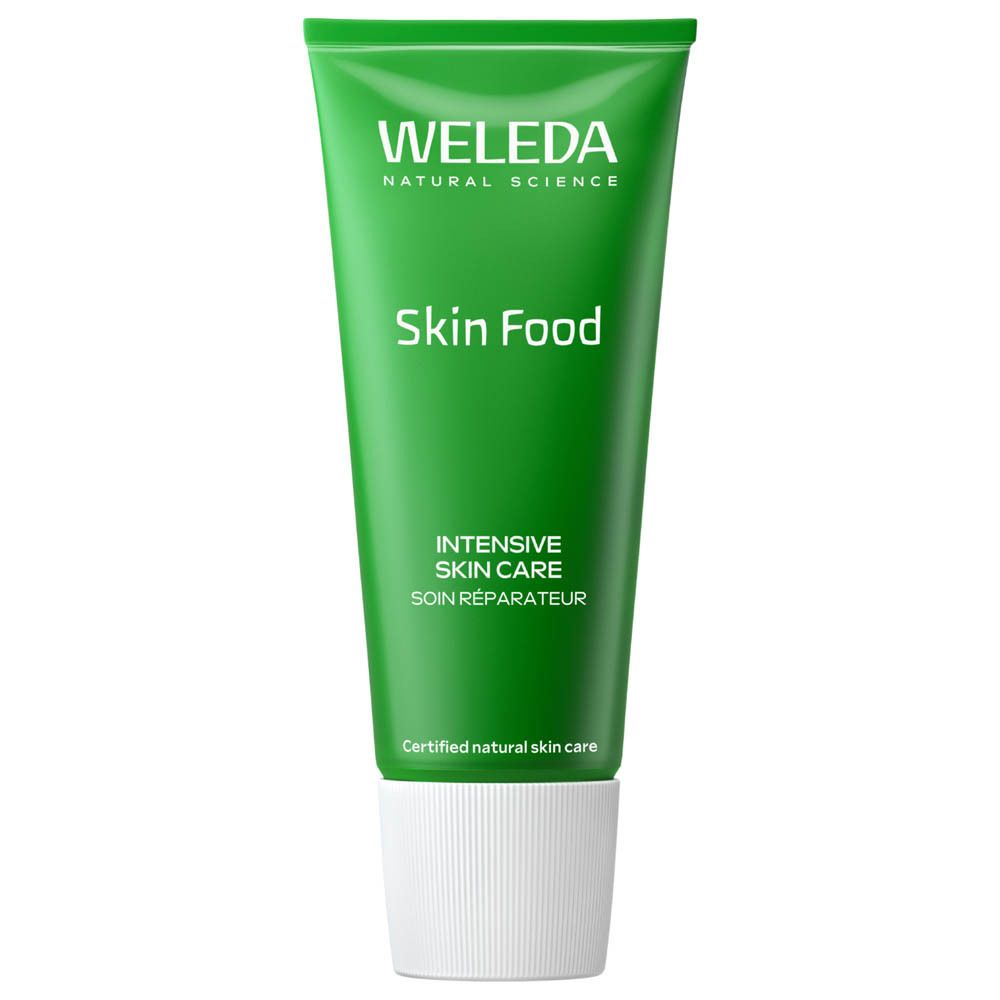 Tube vert Weleda Skin Food avec bouchon blanc. Texte en français et allemand.