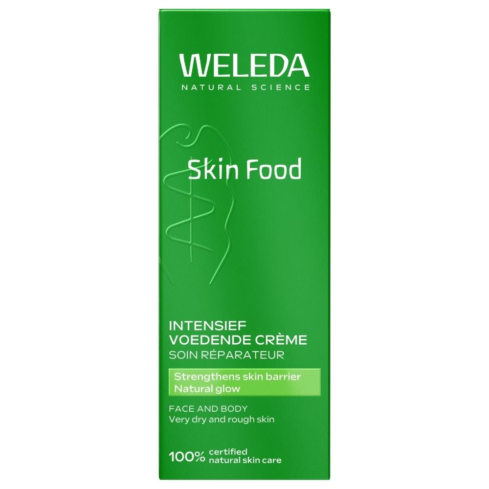 Grüne Verpackung von Weleda Skin Food Intensiv nährender Creme. Für Gesicht und Körper. 100% zertifizierte Naturkosmetik.