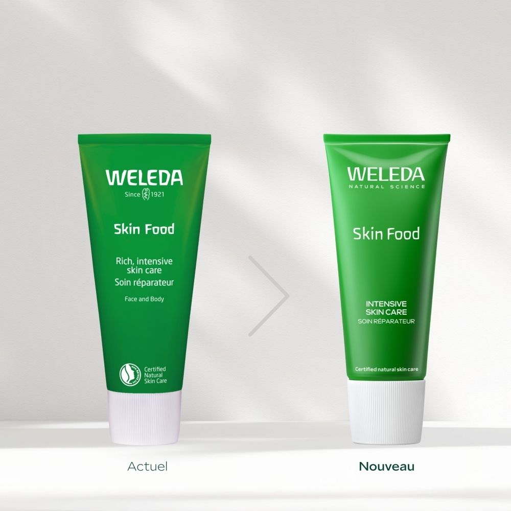 Zwei grüne Tuben Weleda Skin Food, eine ältere und eine neuere Verpackung.