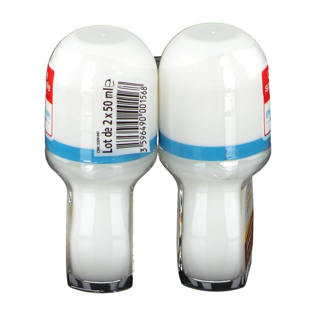 Zwei Roll-on-Deodorants nebeneinander. Weiße Flaschen, blaue Streifen. Barcode und Text: "Lot de 2 x 50 ml".