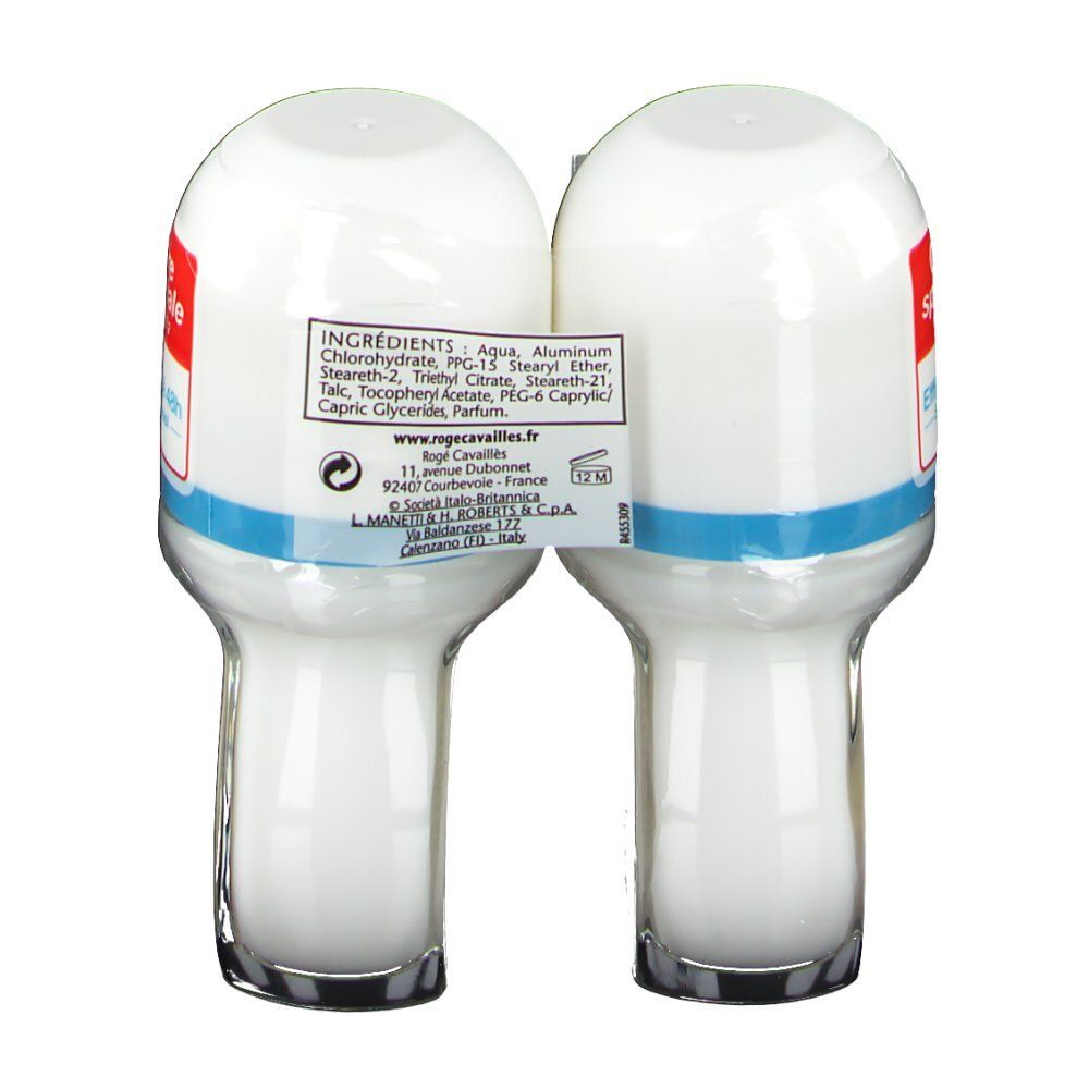 Zwei Roll-on-Deodorants in Verpackung. Weiße Flaschen, blaue Streifen. Rückseite mit Inhaltsstoffen und Herstellerinformationen.