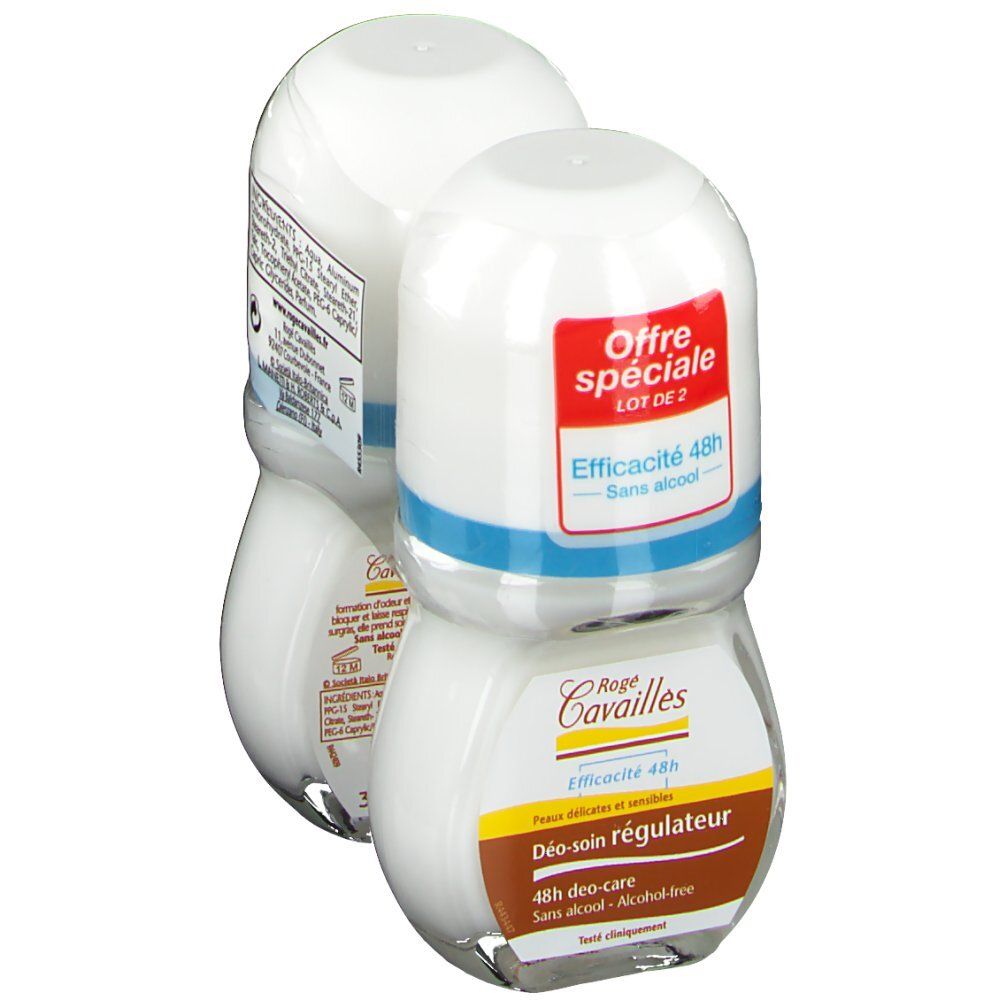 Zwei Roll-on-Deodorants in Verpackung. Weiße Flaschen, rote und blaue Aufkleber. Text: "Offre spéciale", "LOT DE 2".
