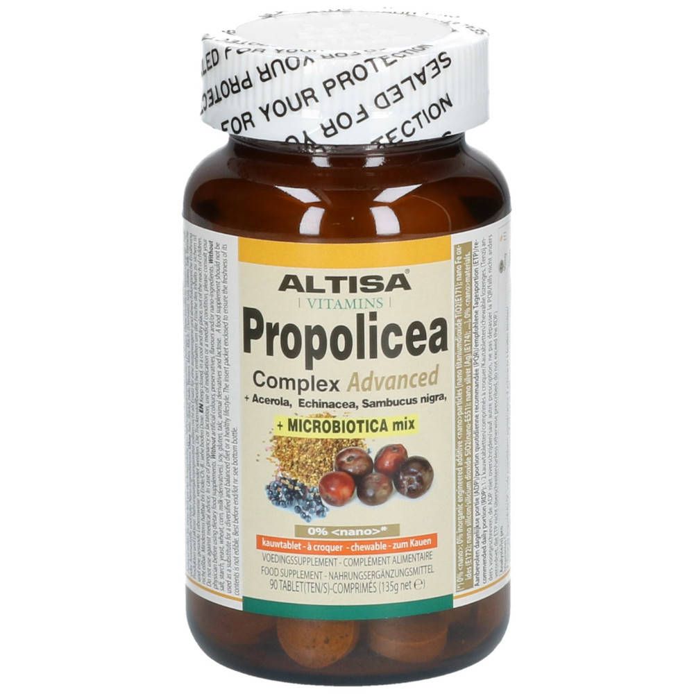 Braune Flasche mit Altisa Propolicea Advanced Tabletten. Aufschrift: Propolicea Complex Advanced, + Microbiotica mix.